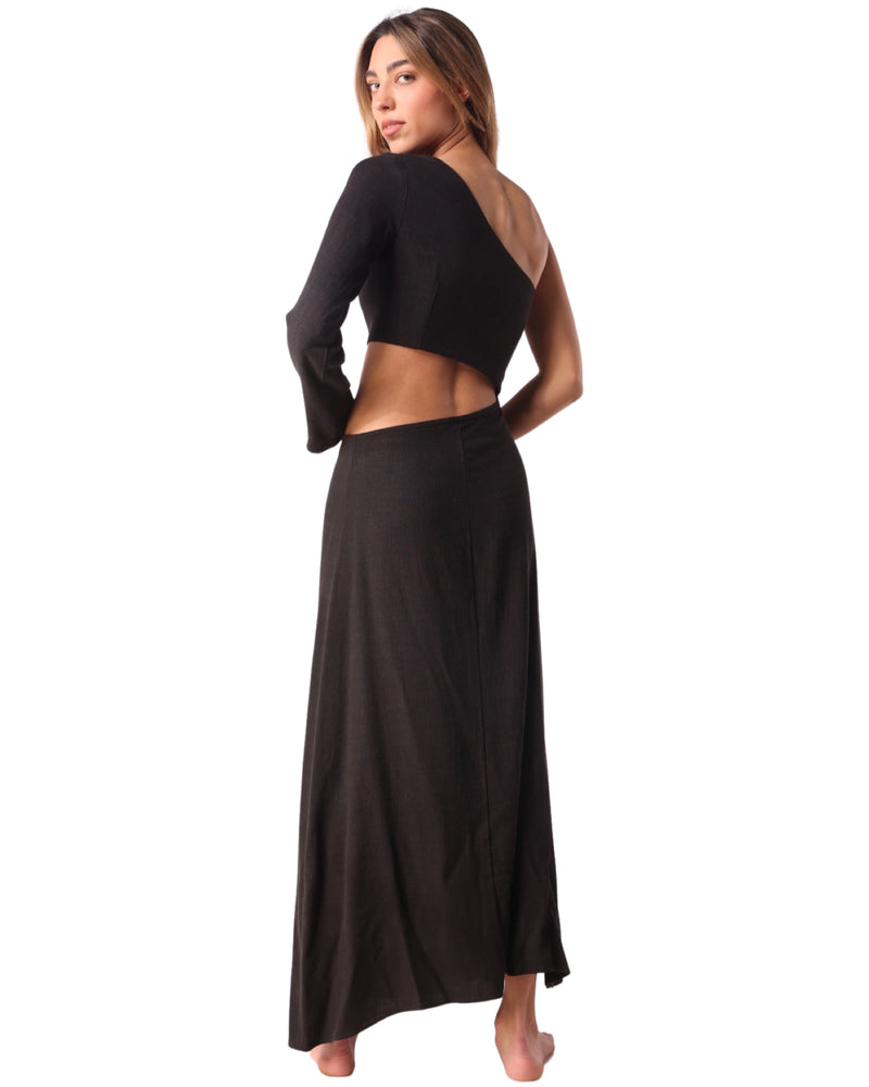 Cut Out Long Sleeve 'Black' Linen Dress
